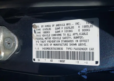2007 Honda Accord 2.4 Se z USA, uszkodzony, nr VIN 1HGCM56357A038930